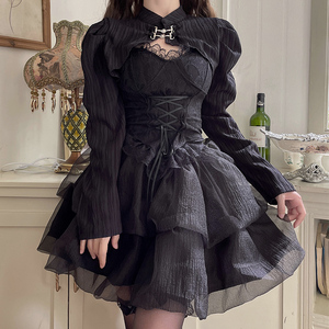 哥特风暗黑系洛丽塔公主蓬蓬裙成人黑色连衣裙子套装女童春秋季