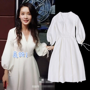 宋温暖的抱抱李沁同款2022衣服白色女连衣裙灯笼袖修身显瘦a字裙