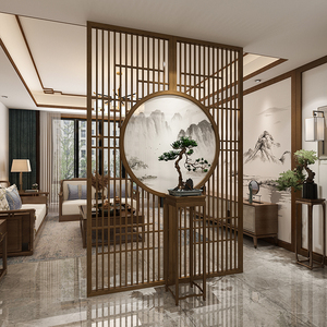 新中式山水屏风客厅实木装饰隔断墙酒店原木玄关别墅定制镂空座屏