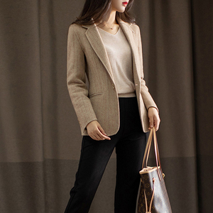 日本轻奢 秋冬新款人字纹双面羊毛小西装 短款修身毛呢西装外套女