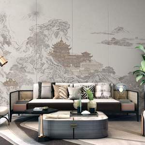 中式山上宫殿抽象艺术卧室影视墙纸定制风景壁画电视背景装饰墙布