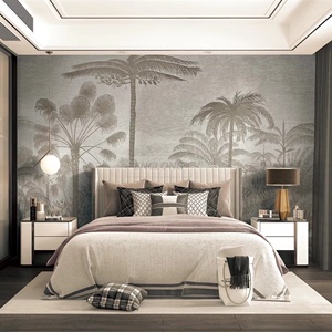 热带雨林设计！法式墙布欧美式简美壁纸热带棕榈树定制轻奢墙纸