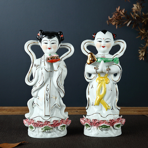 包邮金童玉女娃娃一对善财童子童女结婚送礼招财佛像陶瓷摆件
