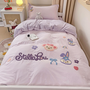紫色迪士尼公主风床上三件套超柔水洗棉四件套床单被套大学生宿舍