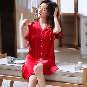 睡衣女夏季性感衬衣裙蕾丝玫红色真丝大码宽松冰丝短袖小个子睡裙