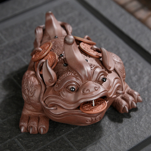 三足金蟾貔貅大号招财摆件 创意紫砂茶宠办公桌风水镇宅貔貅 麒麟