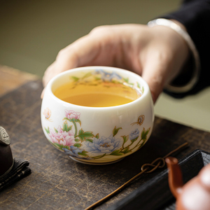 粉色喝茶杯子羊脂玉主人杯单杯牡丹花女士高端个人专用陶瓷茶杯