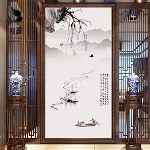 新中式山水画玄关壁纸画35d立体竖版图案订制自粘墙贴