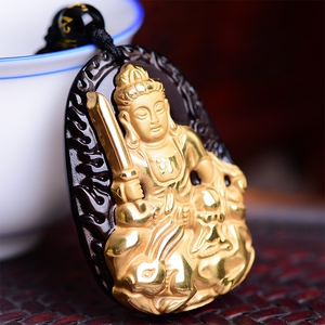 天然冰种黑曜石文殊菩萨吊坠 镀金黑曜石生肖兔本命佛守护神黄金