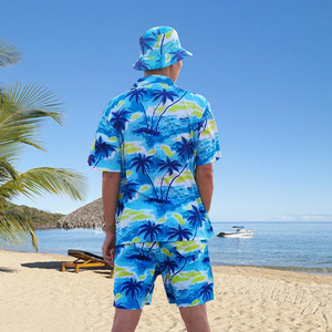 海岛服金椰棉绸夏季休闲短衬衫男三亚沙滩印花套装居家宽松大码薄