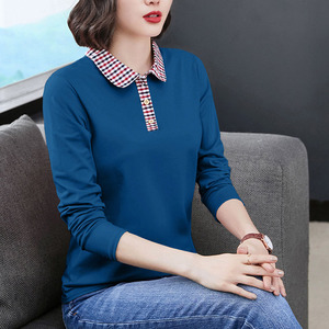 妈妈纯棉t恤女春秋洋气宽松翻领上衣中年妇女减龄长袖气质打底衫