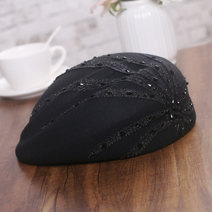 帽子女秋冬韩版时尚羊毛蕾丝缝钻贝雷帽复古百搭鸭舌帽英伦空姐帽