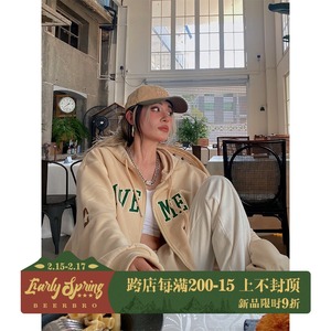 beerbro美式复古连帽加绒卫衣女开衫oversize欧美vintage外套z