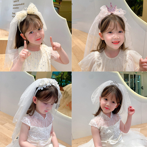 公主头纱生日帽皇冠女童ins白色婚纱宝宝派对装扮发箍拍照道具