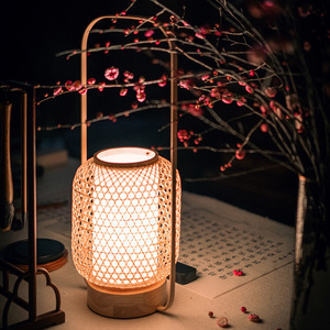 中式古风台灯禅意茶室书房卧室床头灯日式复古充电竹编氛围小夜灯