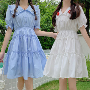 小个子浅绿色小清新娃娃领连衣裙女夏季学生学院风闺蜜装掐腰裙子