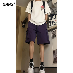 紫色短裤男夏季薄款多巴胺酷帅男装户外美式宽松休闲工装五分裤子