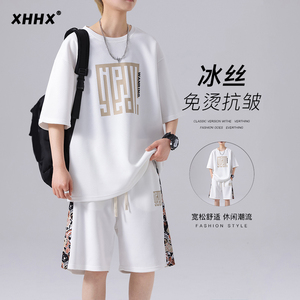 中国风印花短袖恤男夏季薄款休闲运动套装新中式冰丝短裤一套夏装