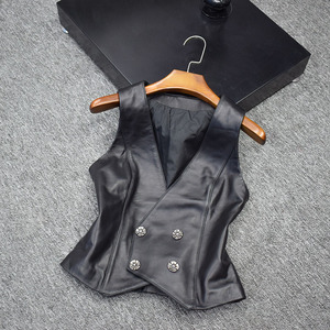 海宁皮马甲女春秋新款时尚百搭修身绵羊皮背心外套真皮小马夹