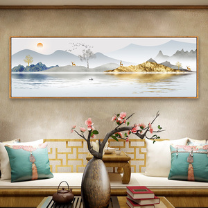 山水画客厅沙发墙面新中式挂画办公室茶室禅意旭日东升背景墙壁画