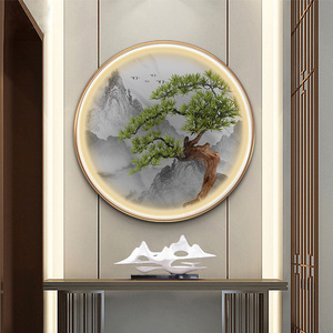 迎客松挂画圆形玄关led氛围灯画客厅装饰画办公室中式背景墙壁画