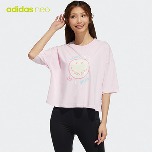 阿迪达斯neo运动T恤女短袖2023夏季新款粉色圆领笑脸半袖H61981