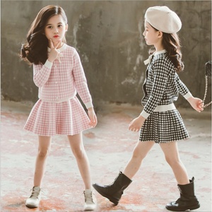 韩国女童两件套新款秋中大童韩版格子毛衣裙洋气时髦针织裙套装