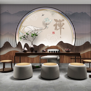 新中式禅意背景墙壁纸茶道美容院墙纸足浴足疗馆采耳养生会所壁画