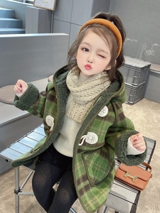 okaidi童装秋冬女童羊毛羔韩版中长款呢大衣女孩加绒格子时髦外套