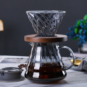 手冲咖啡灰色玻璃V60锥形滤杯胡桃木托耐高温分享咖啡壶套装组合