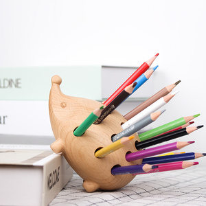 刺猬笔插学生儿童木质收纳盒 24色彩铅笔筒实木桌面摆件毕业礼物