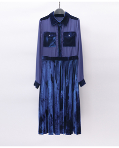 菲诺高端大牌女装折扣专柜正品春时尚衬衫领百褶丝绒长袖连衣裙