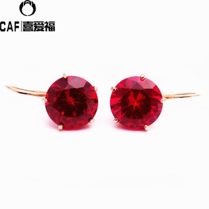 CAF珠宝真品纯俄罗斯585紫金14K彩金 玫瑰金新品圆形红色宝石耳环