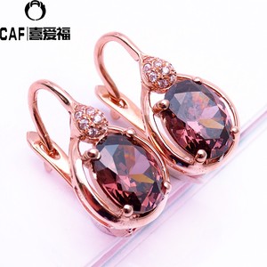 CAF珠宝真品纯俄罗斯585紫金14K彩金 玫瑰金新品时尚烟色宝石耳环