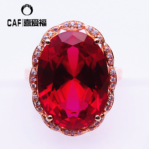 CAF珠宝真金俄罗斯585紫金14k玫瑰金彩金豪华红宝石镶嵌花边戒指