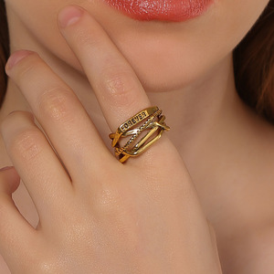 韩版个性复古多层菱形戒指 简约金属缠绕字母开口食指戒男女通用