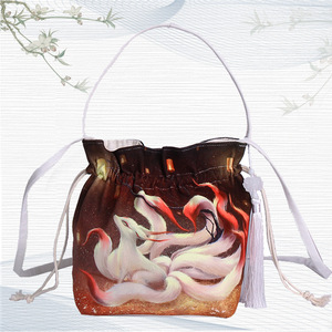 古风汉服手提包斜挎帆布袋文艺抽绳古装配饰复古灵兽抽带斜挎包