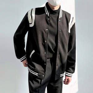 双白条拼接撞色毛呢拼皮夹克外套休闲高街明星同款 slp风格棒球服