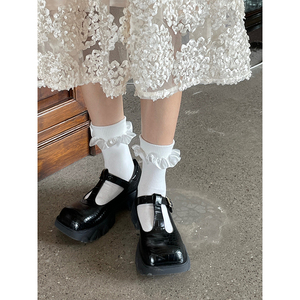 白色花边袜女秋基础款日系少女中筒袜翻边竖条纹纯棉袜子堆堆袜潮