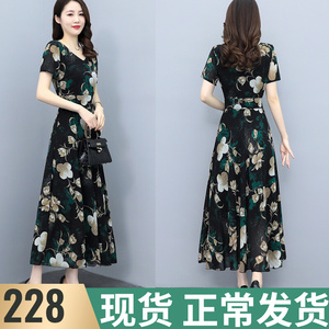 专柜正品哥弟新款雪纺连衣裙女长裙夏季短袖高腰碎花大摆过膝裙子