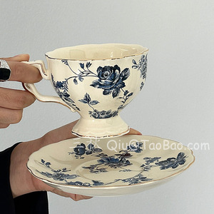 三秋 法式金边下午茶咖啡杯碟套装中古风精致家用带把青花陶瓷杯