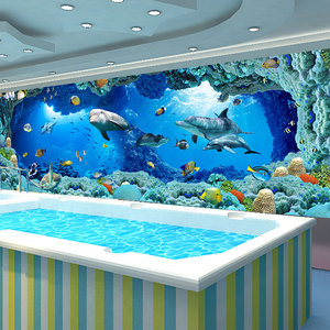 海底世界主题海洋海豚壁画餐厅海鲜店游泳馆装饰壁纸墙布背景墙纸