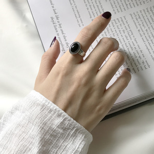 韩国韩版 S925纯银黑玛瑙 扭绳仿古做旧个性开口素银戒指戒子