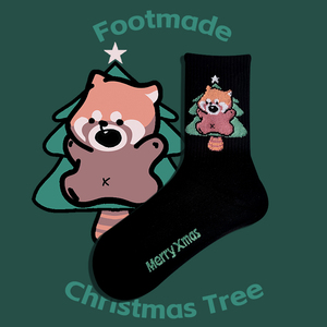 【小熊猫圣诞树】可爱袜子中筒袜黑色卡通圣诞节礼物长袜男女情侣