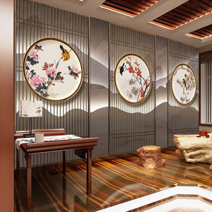 中式木纹屏风壁纸古风直播古筝教室背景布3d立体饭店包厢茶室墙纸