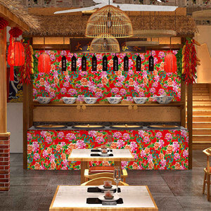 东北大花布壁纸农村直播背景布特色风格装饰铁锅炖饭店小酒馆墙纸