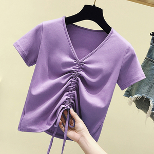 胖妹妹夏宽松v领短袖纯棉t恤女短款紫色胖mm遮肉显瘦抽绳上衣洋气