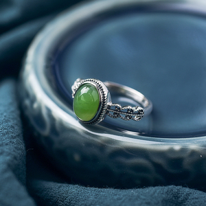 纯银碧玉戒指蛋面活口【瑾青】s925银镀白金天然玉石首饰简约气质
