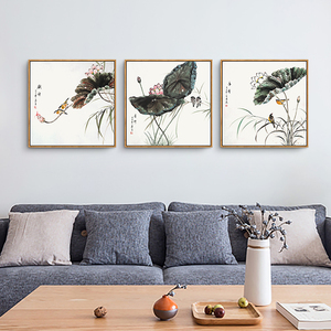 客厅中式禅意三连画水墨画三联画斗方字画带框国画装饰画餐厅挂画