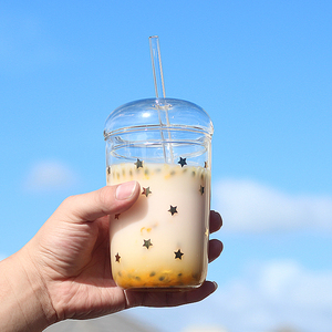 创意星星耐热玻璃水杯带吸管杯子大容量珍珠奶茶杯果汁饮料杯带盖